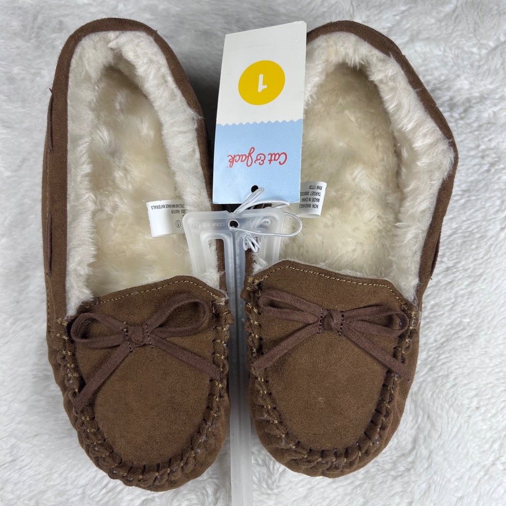 Cat and Jack Kids Brown Moccasin Slippers Fuzzy Lined Bow Size 1 NWT
